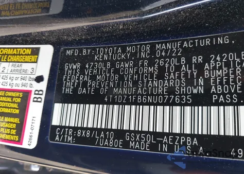 2022 Toyota Avalon Limited z USA, uszkodzony, nr VIN 4T1DZ1FB6NU077635